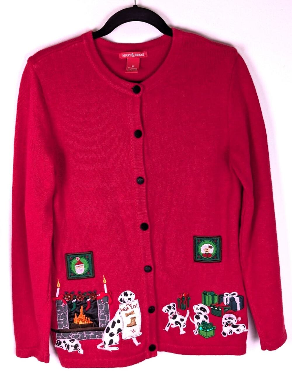 Merry & Bright Sz M Ugly Christmas Sweater Cardigan Dalmatian Puppies Red